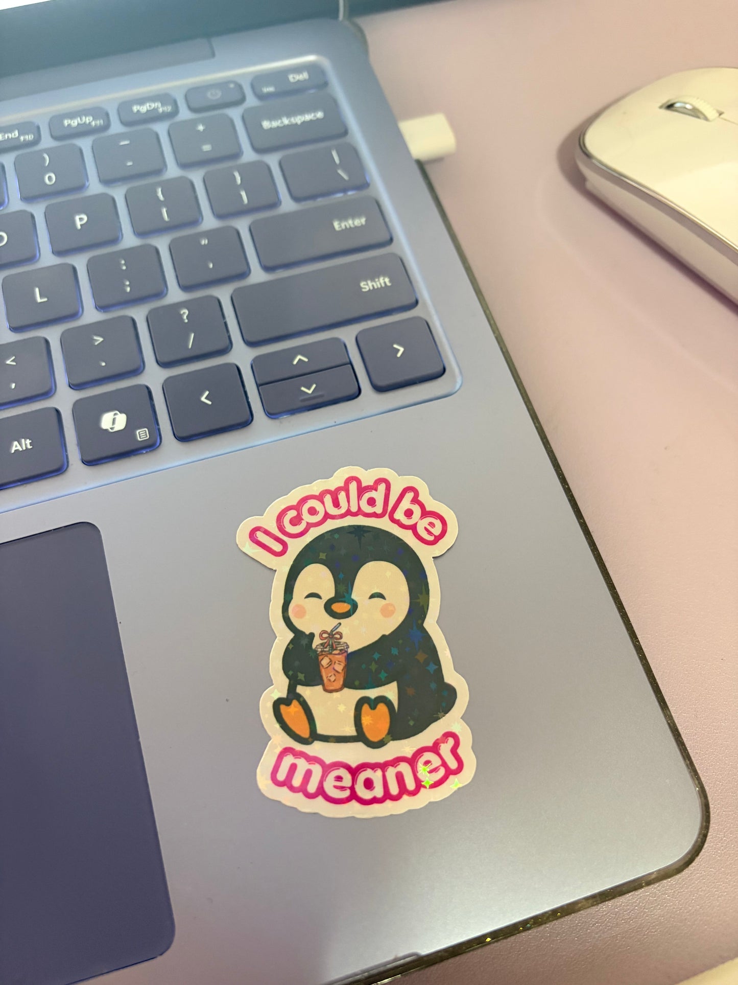 I Could Be Meaner” Holographic Penguin Sticker – Cute Iced Coffee Vinyl Decal
