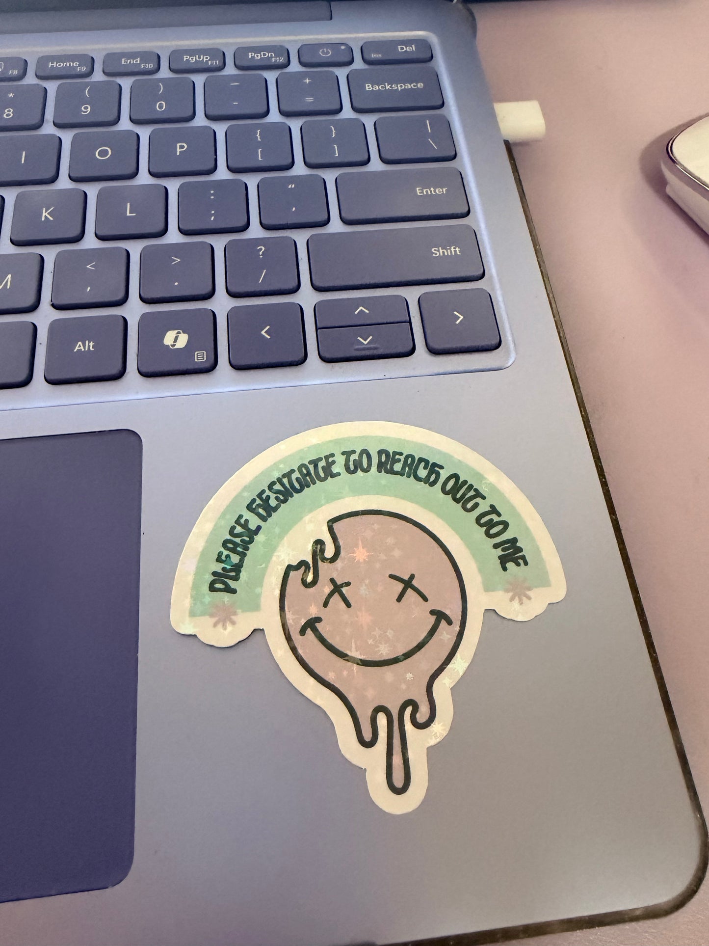 Please Hesitate to Reach Out to Me” Holographic Melting Smiley Sticker – Funny Pastel Vinyl Decal