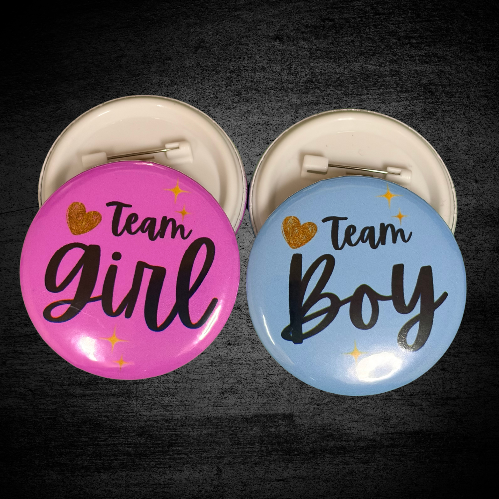 Team Girl & Team Boy Gender Reveal Buttons – 2.25" Party Pins