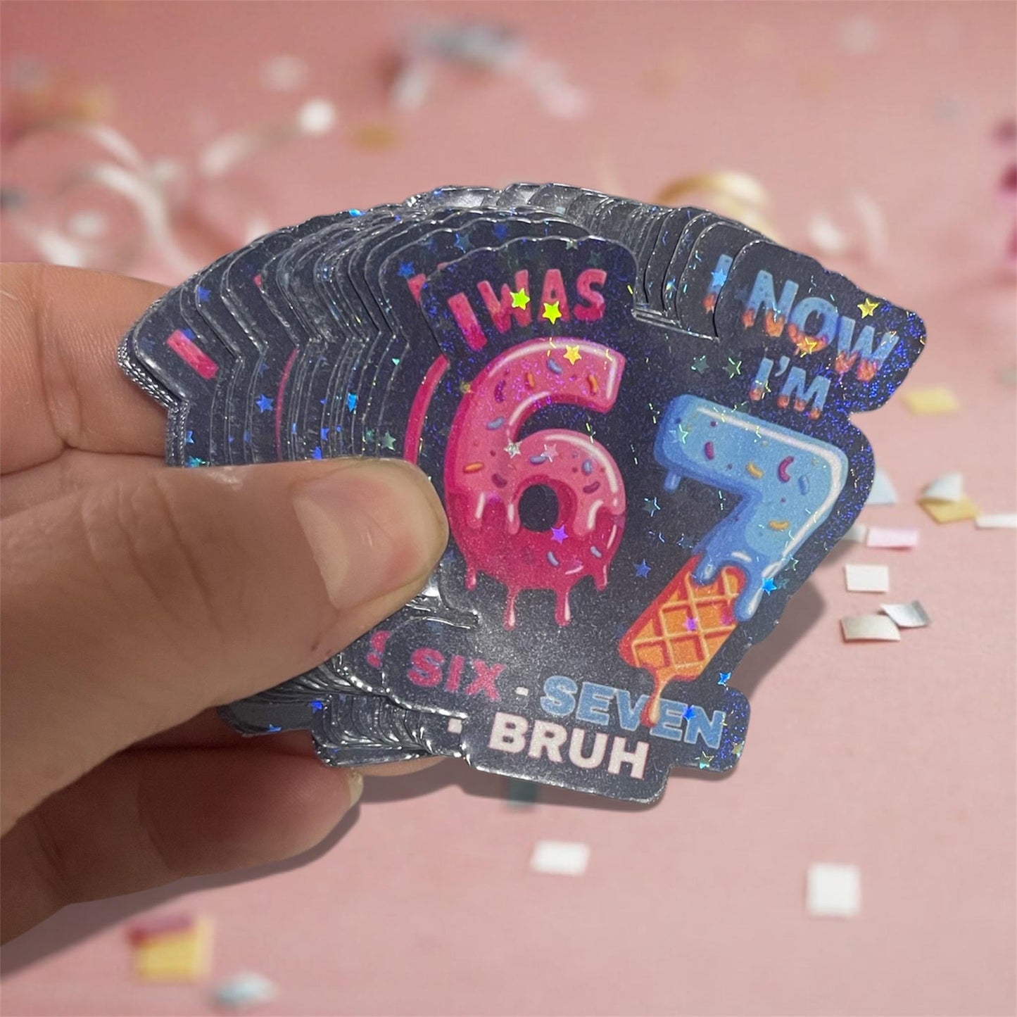 Funny 7th Birthday Holographic Sticker | Ice Cream Number Seven Bruh