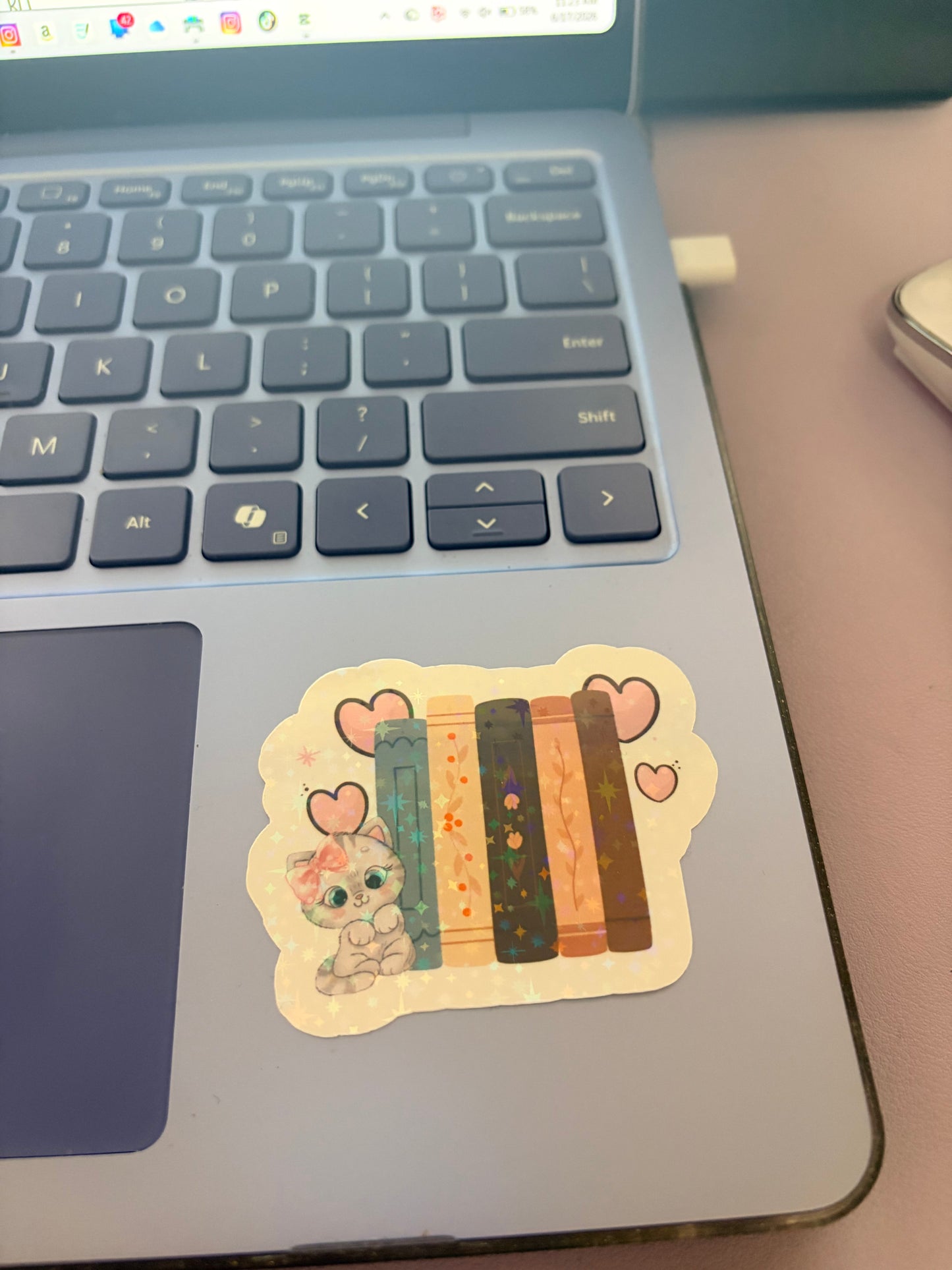 Cute Cat & Books Holographic Sticker – Cozy Reading Vinyl Decal