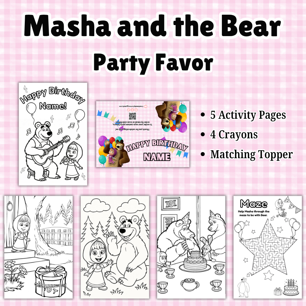 Masha and the Bear Coloring Pages | Personalized Party Favor | 4x6 Kids Activity